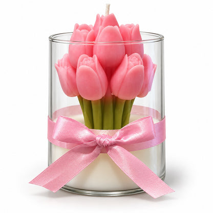 Pink Tulip Scented Jar Candle with Floral Design & Decorative Ribbon | Elegant Aroma Candle for Home Décor & Gifting