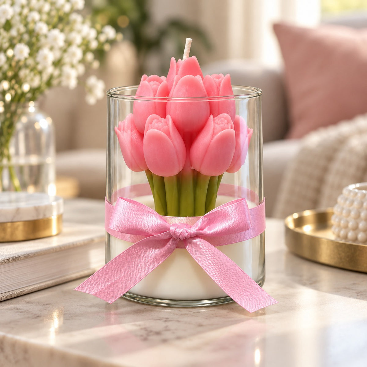 Pink Tulip Scented Jar Candle with Floral Design & Decorative Ribbon | Elegant Aroma Candle for Home Décor & Gifting