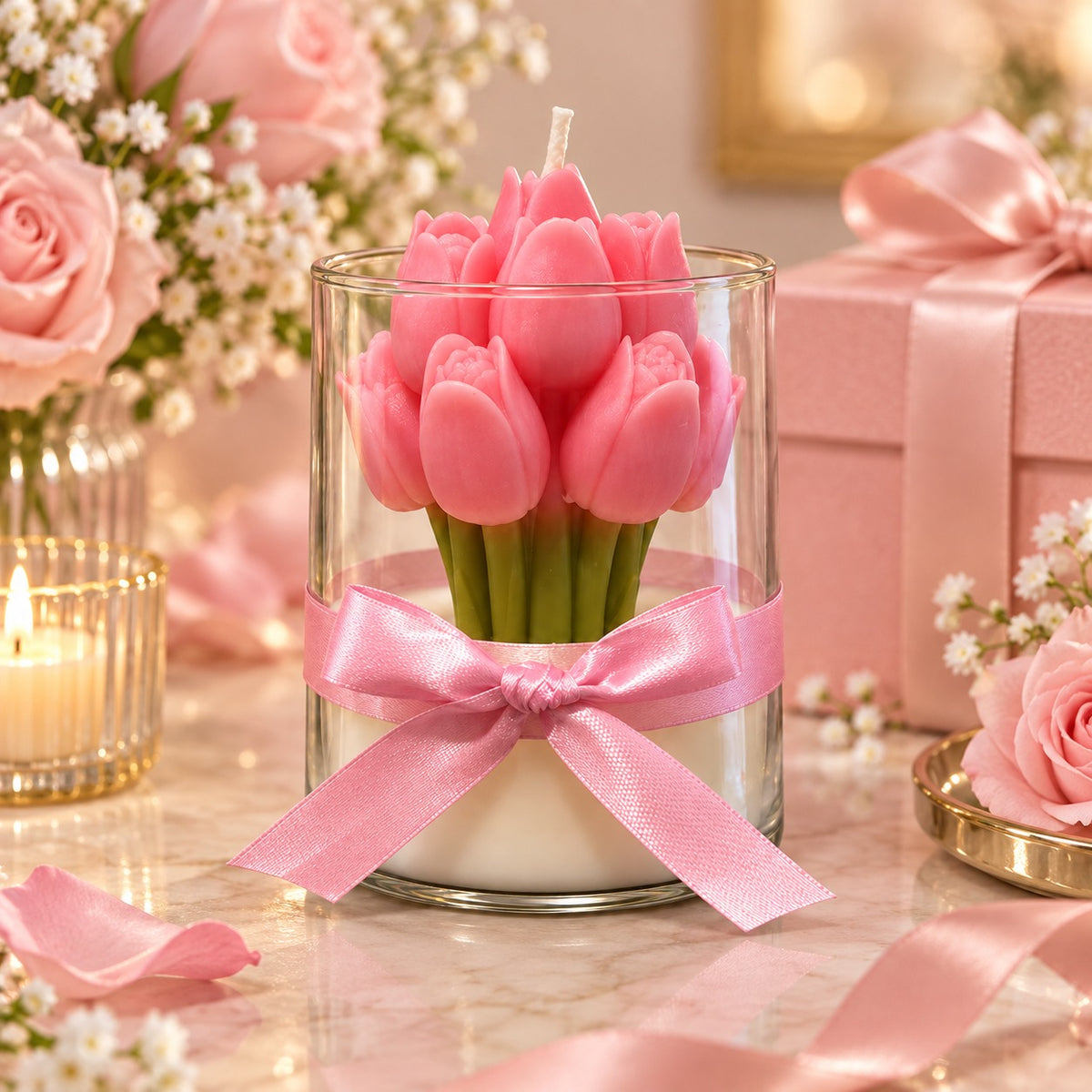 Pink Tulip Scented Jar Candle with Floral Design & Decorative Ribbon | Elegant Aroma Candle for Home Décor & Gifting