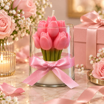 Pink Tulip Scented Jar Candle with Floral Design & Decorative Ribbon | Elegant Aroma Candle for Home Décor & Gifting