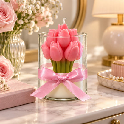 Pink Tulip Scented Jar Candle with Floral Design & Decorative Ribbon | Elegant Aroma Candle for Home Décor & Gifting