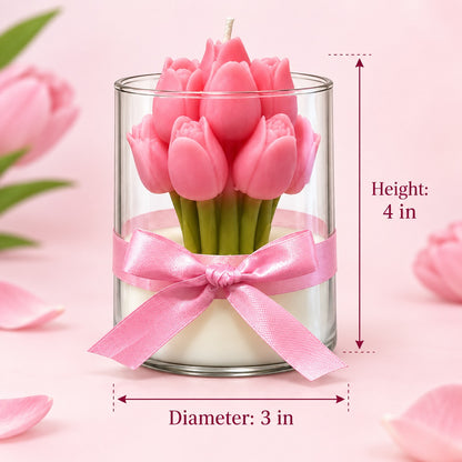 Pink Tulip Scented Jar Candle with Floral Design & Decorative Ribbon | Elegant Aroma Candle for Home Décor & Gifting