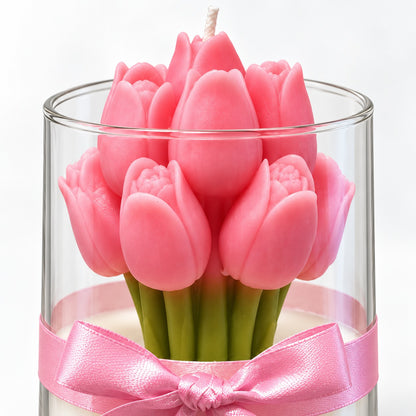 Pink Tulip Scented Jar Candle with Floral Design & Decorative Ribbon | Elegant Aroma Candle for Home Décor & Gifting
