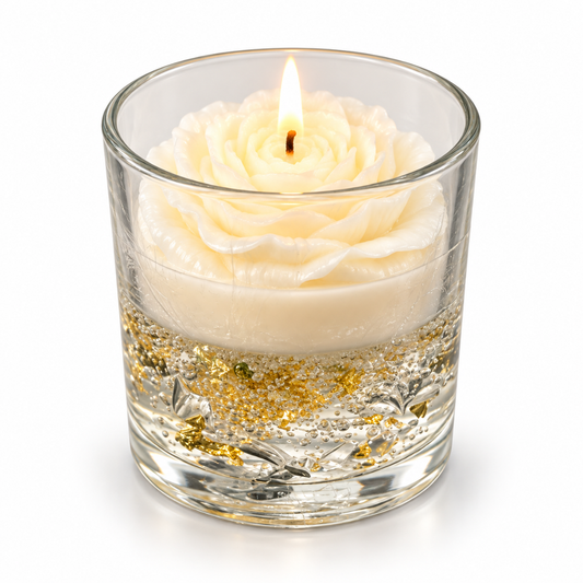 White & Gold Glass Jar Candle with Rose Flower Design | Decorative Floral Candle with Gold Flake Detail for Home Décor & Gifting