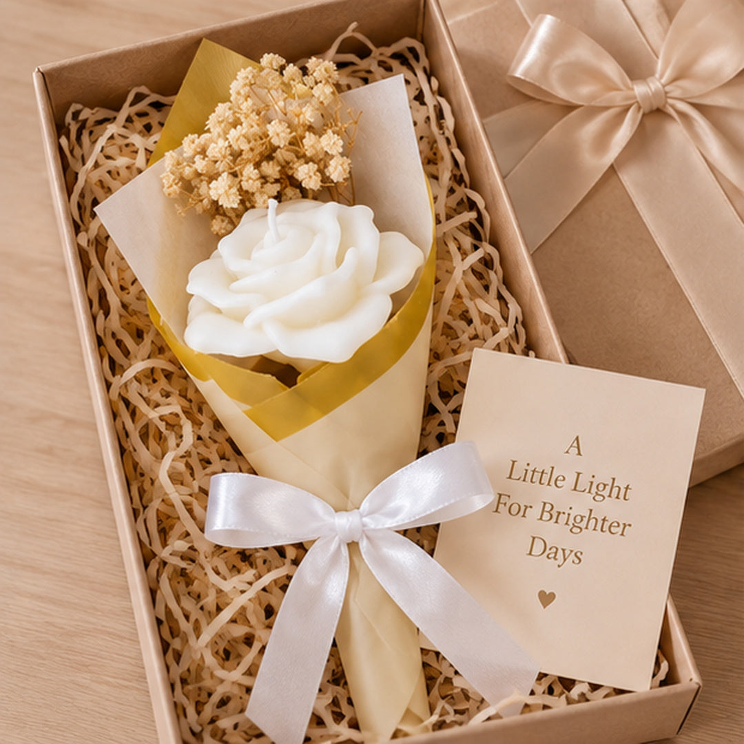 White Rose Cone Candle Bouquet | Decorative Floral Candle in Elegant Gift Wrap for Birthday, Anniversary, Wedding & Gifting