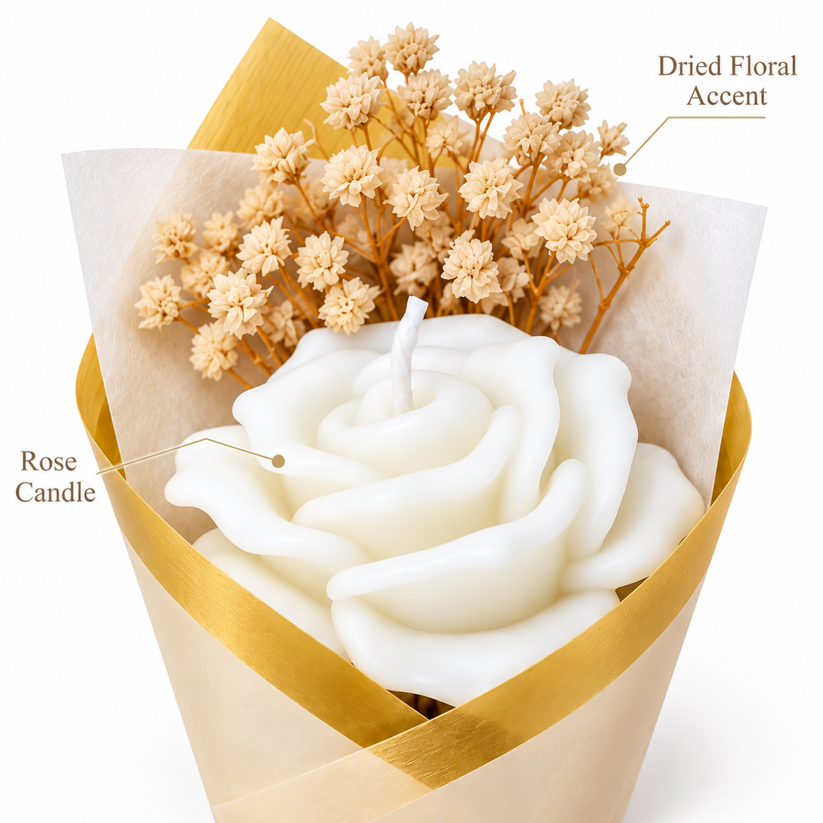 White Rose Cone Candle Bouquet | Decorative Floral Candle in Elegant Gift Wrap for Birthday, Anniversary, Wedding & Gifting