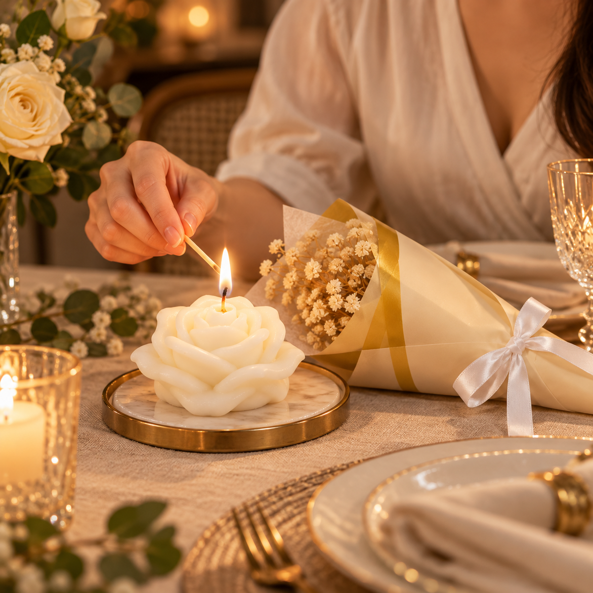 White Rose Cone Candle Bouquet | Decorative Floral Candle in Elegant Gift Wrap for Birthday, Anniversary, Wedding & Gifting