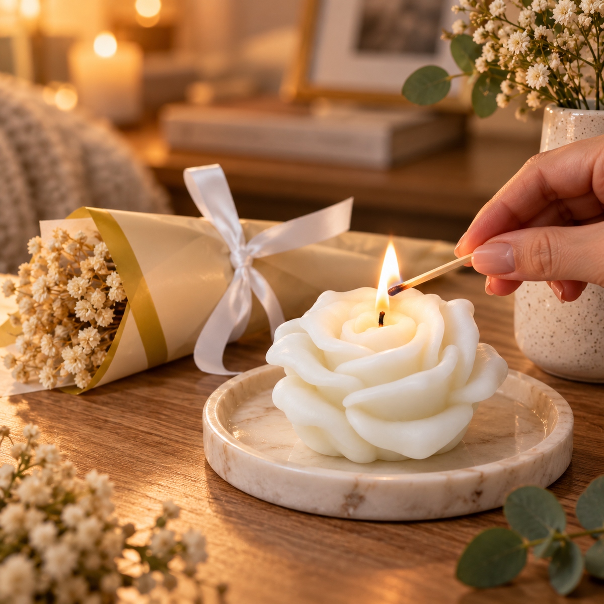 White Rose Cone Candle Bouquet | Decorative Floral Candle in Elegant Gift Wrap for Birthday, Anniversary, Wedding & Gifting