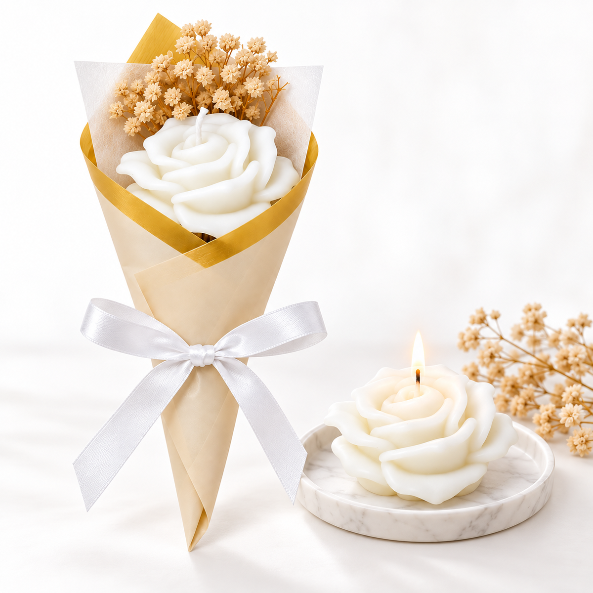 White Rose Cone Candle Bouquet | Decorative Floral Candle in Elegant Gift Wrap for Birthday, Anniversary, Wedding & Gifting