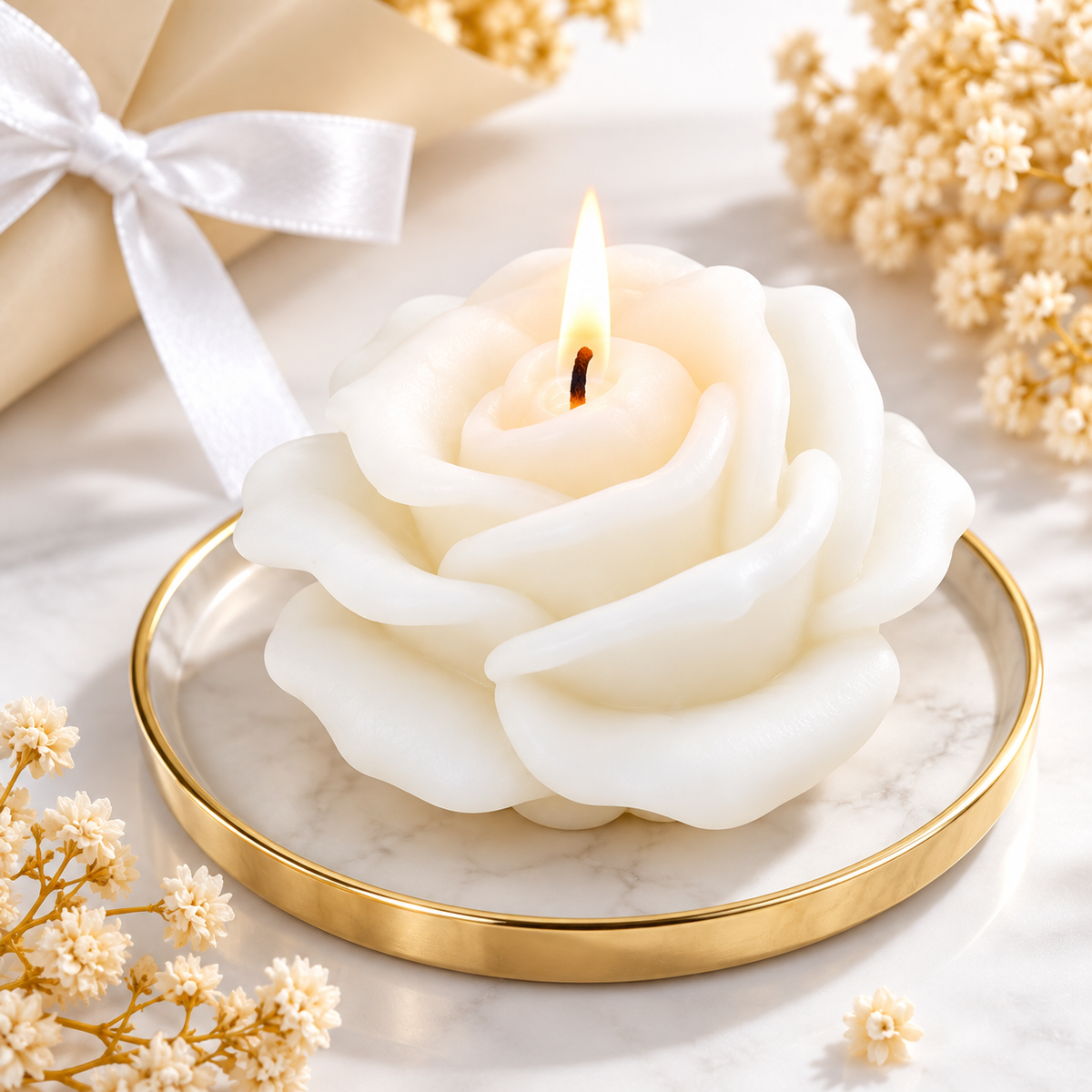 White Rose Cone Candle Bouquet | Decorative Floral Candle in Elegant Gift Wrap for Birthday, Anniversary, Wedding & Gifting