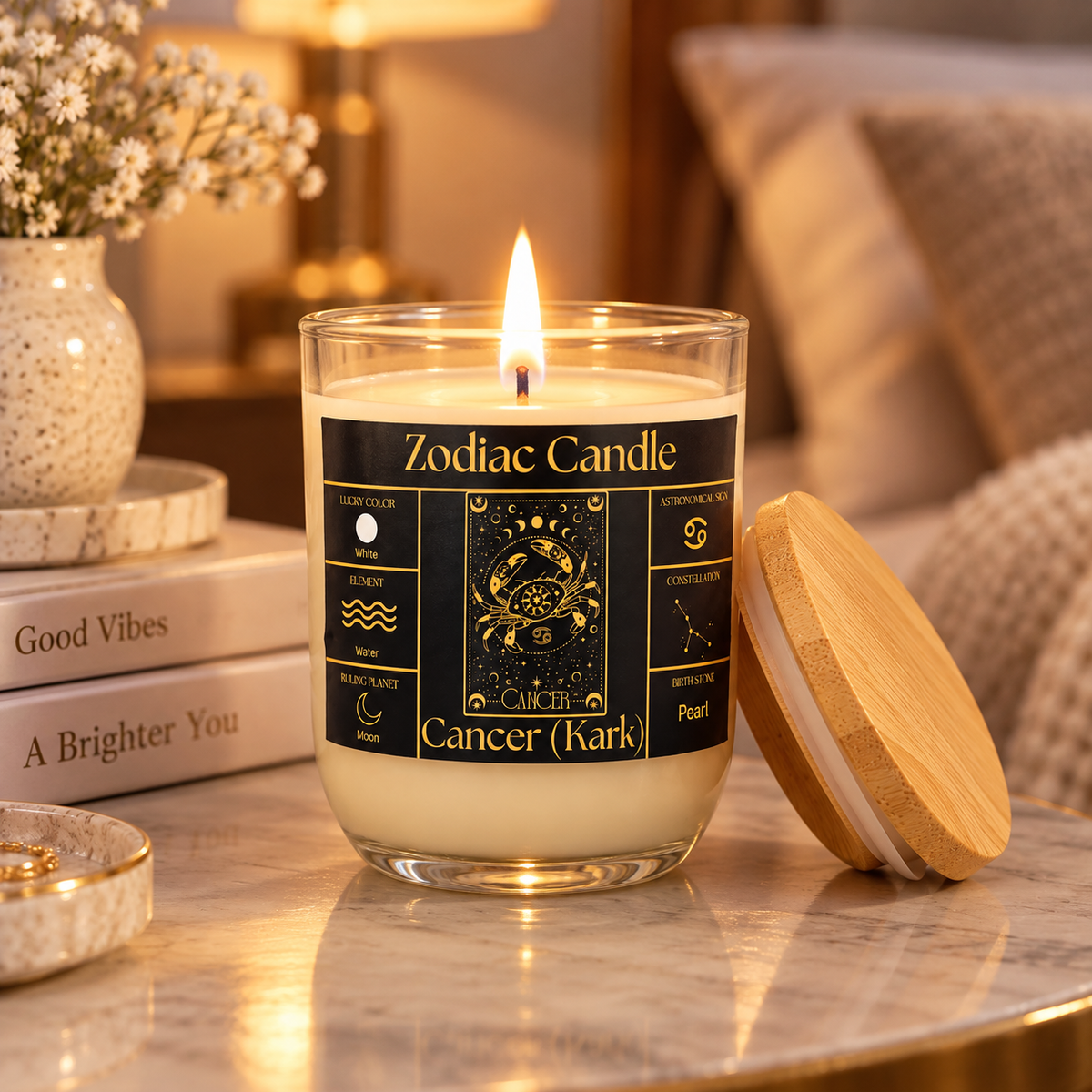 Cancer Zodiac Candle (Kark Rashi) | Luxury Scented Astrology Candle with Cancer-Inspired Colour & Fragrance in Glass Jar