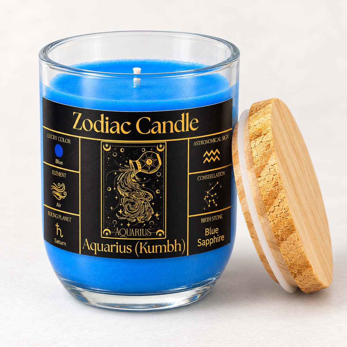 Aquarius Zodiac Candle (Kumbh Rashi) | Luxury Blue Scented Astrology Candle with Aquarius-Inspired Fragrance in Glass Jar