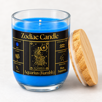 Aquarius Zodiac Candle (Kumbh Rashi) | Luxury Blue Scented Astrology Candle with Aquarius-Inspired Fragrance in Glass Jar