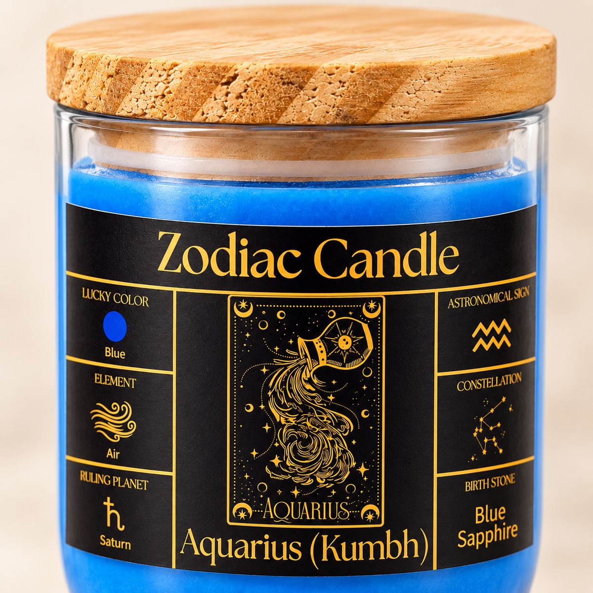 Aquarius Zodiac Candle (Kumbh Rashi) | Luxury Blue Scented Astrology Candle with Aquarius-Inspired Fragrance in Glass Jar