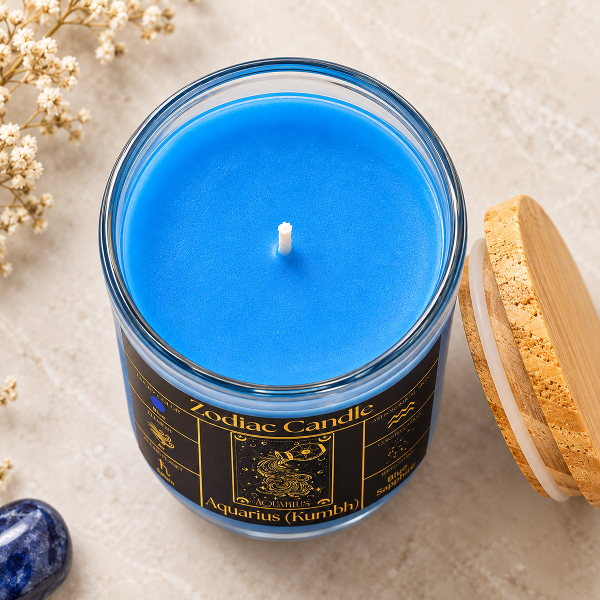 Aquarius Zodiac Candle (Kumbh Rashi) | Luxury Blue Scented Astrology Candle with Aquarius-Inspired Fragrance in Glass Jar