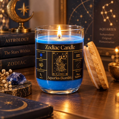 Aquarius Zodiac Candle (Kumbh Rashi) | Luxury Blue Scented Astrology Candle with Aquarius-Inspired Fragrance in Glass Jar