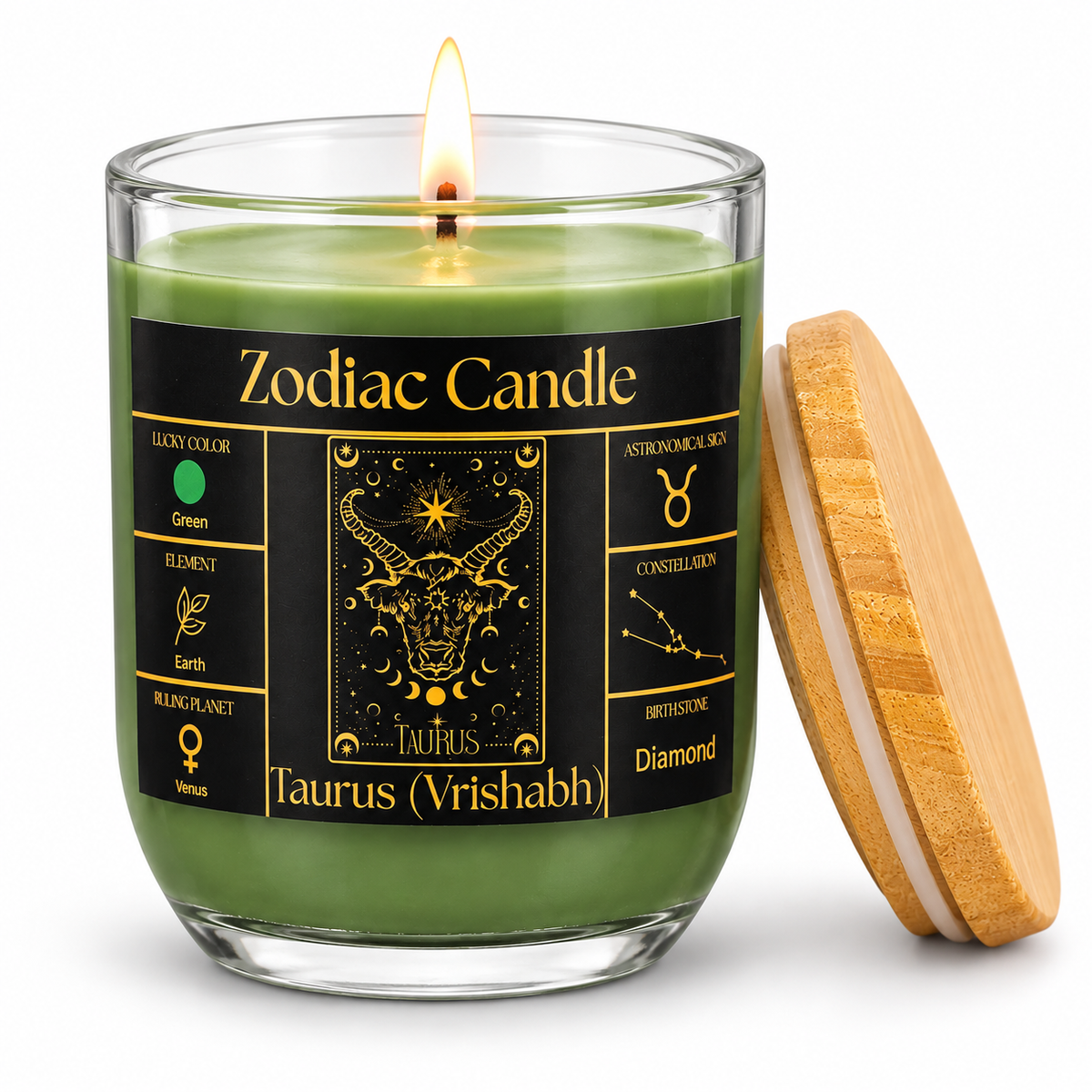 Taurus Zodiac Candle (Vrishabh Rashi) | Luxury Green Scented Astrology Candle with Taurus-Inspired Fragrance in Glass Jar
