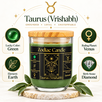 Taurus Zodiac Candle (Vrishabh Rashi) | Luxury Green Scented Astrology Candle with Taurus-Inspired Fragrance in Glass Jar