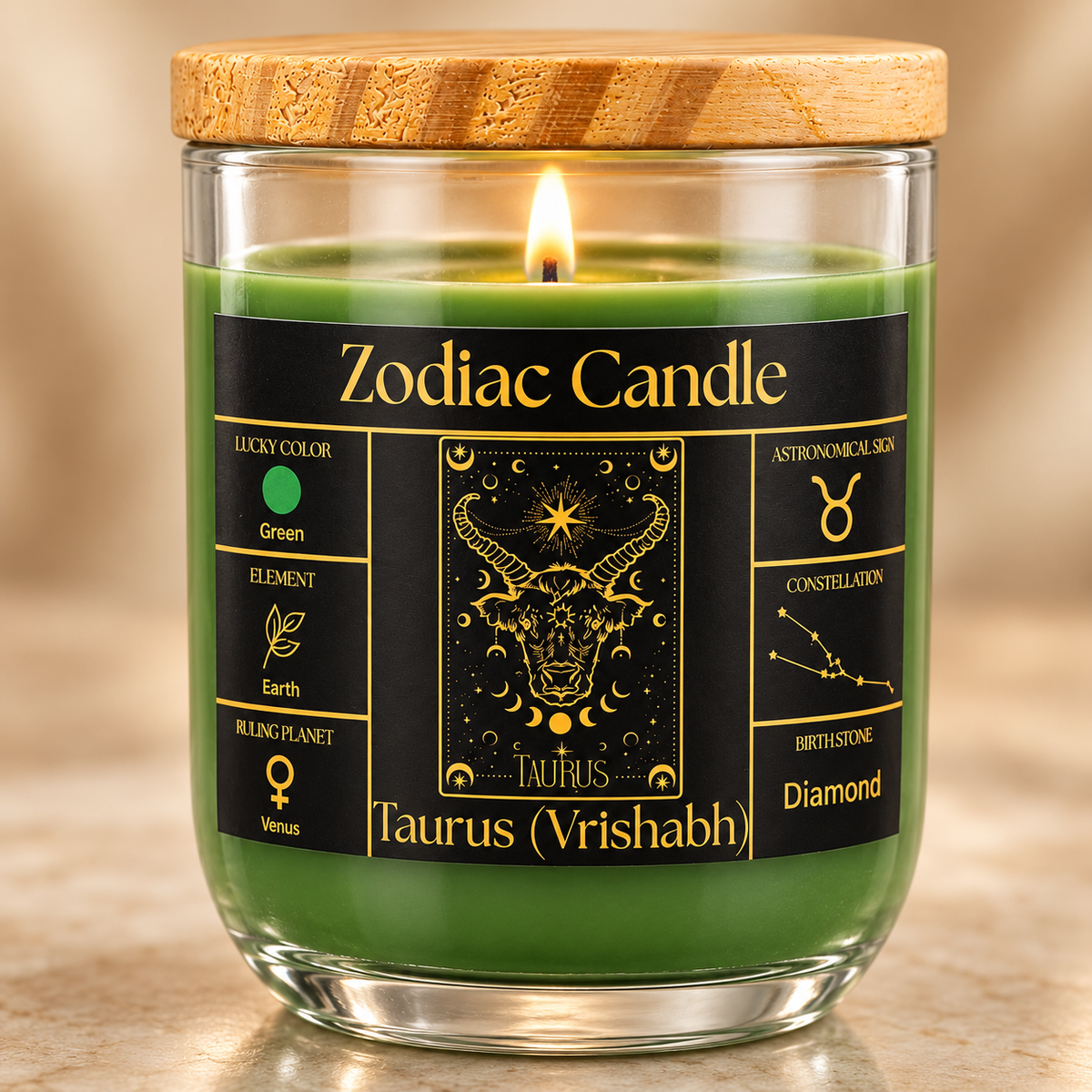 Taurus Zodiac Candle (Vrishabh Rashi) | Luxury Green Scented Astrology Candle with Taurus-Inspired Fragrance in Glass Jar