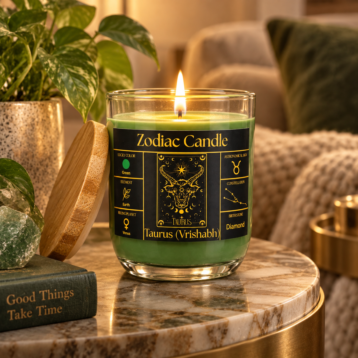 Taurus Zodiac Candle (Vrishabh Rashi) | Luxury Green Scented Astrology Candle with Taurus-Inspired Fragrance in Glass Jar
