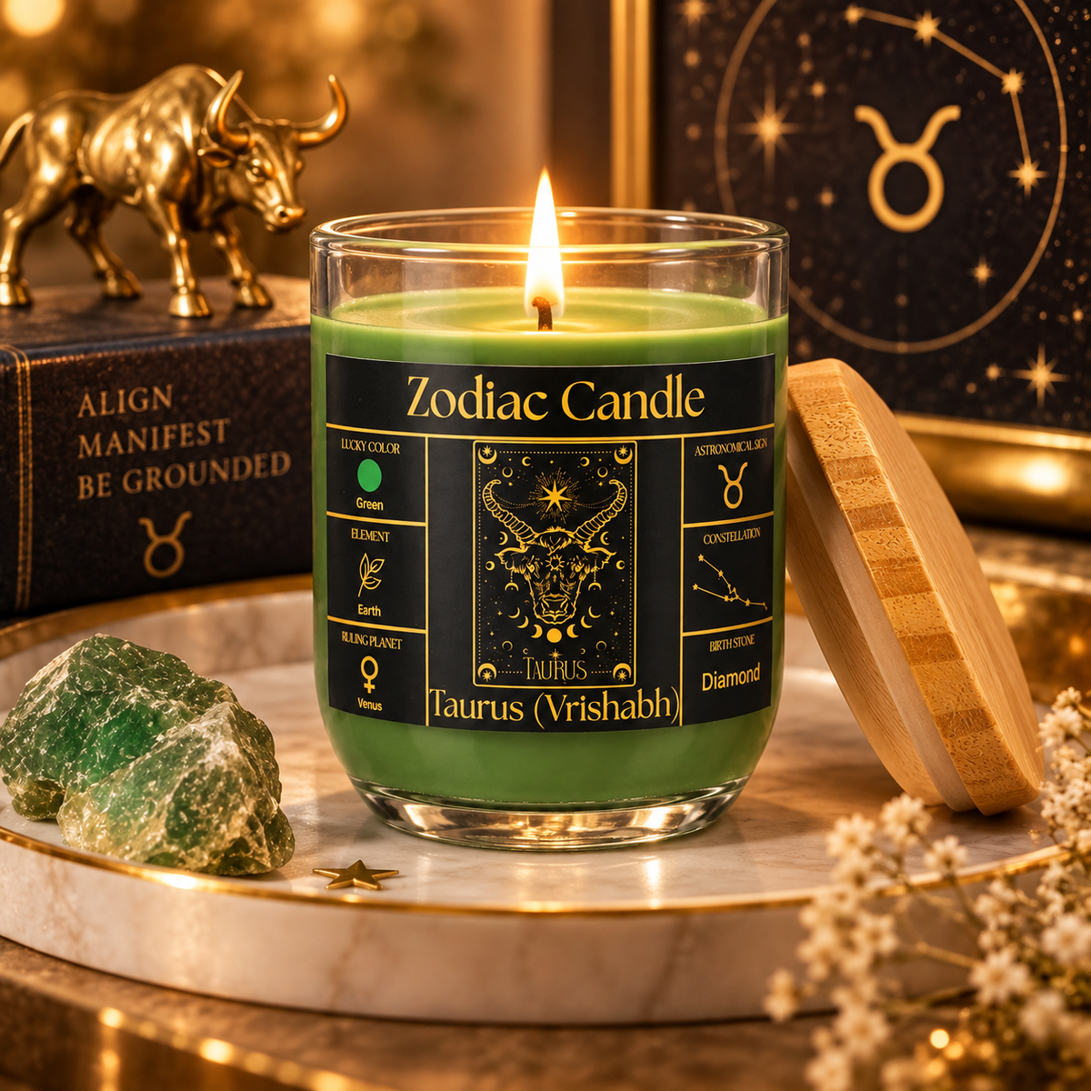 Taurus Zodiac Candle (Vrishabh Rashi) | Luxury Green Scented Astrology Candle with Taurus-Inspired Fragrance in Glass Jar