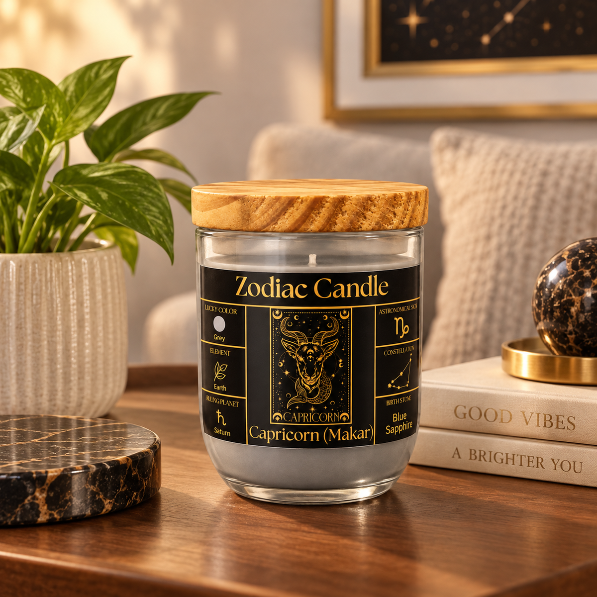 Capricorn Zodiac Candle (Makar Rashi) | Luxury Grey Scented Astrology Candle with Capricorn-Inspired Fragrance in Glass Jar