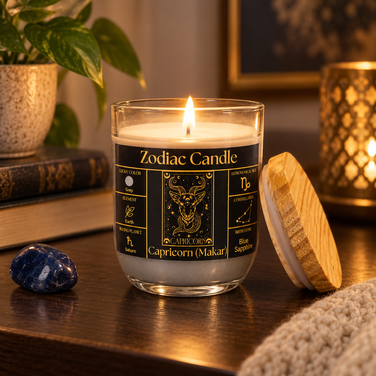 Capricorn Zodiac Candle (Makar Rashi) | Luxury Grey Scented Astrology Candle with Capricorn-Inspired Fragrance in Glass Jar