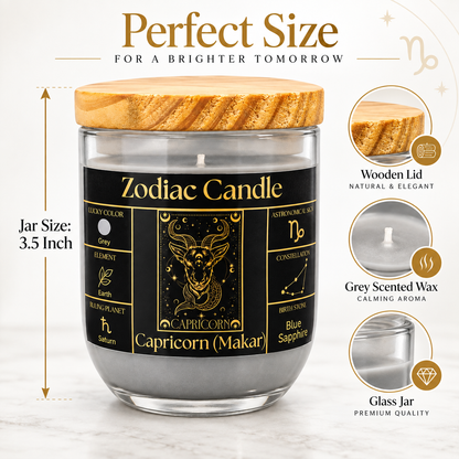 Capricorn Zodiac Candle (Makar Rashi) | Luxury Grey Scented Astrology Candle with Capricorn-Inspired Fragrance in Glass Jar