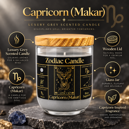 Capricorn Zodiac Candle (Makar Rashi) | Luxury Grey Scented Astrology Candle with Capricorn-Inspired Fragrance in Glass Jar