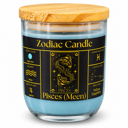 Pisces Zodiac Candle (Meen Rashi) | Luxury Light Blue Scented Astrology Candle with Pisces-Inspired Fragrance in Glass Jar