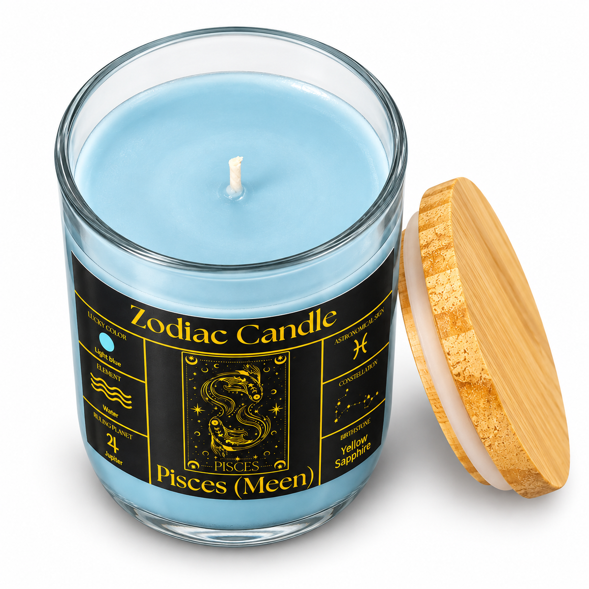 Pisces Zodiac Candle (Meen Rashi) | Luxury Light Blue Scented Astrology Candle with Pisces-Inspired Fragrance in Glass Jar