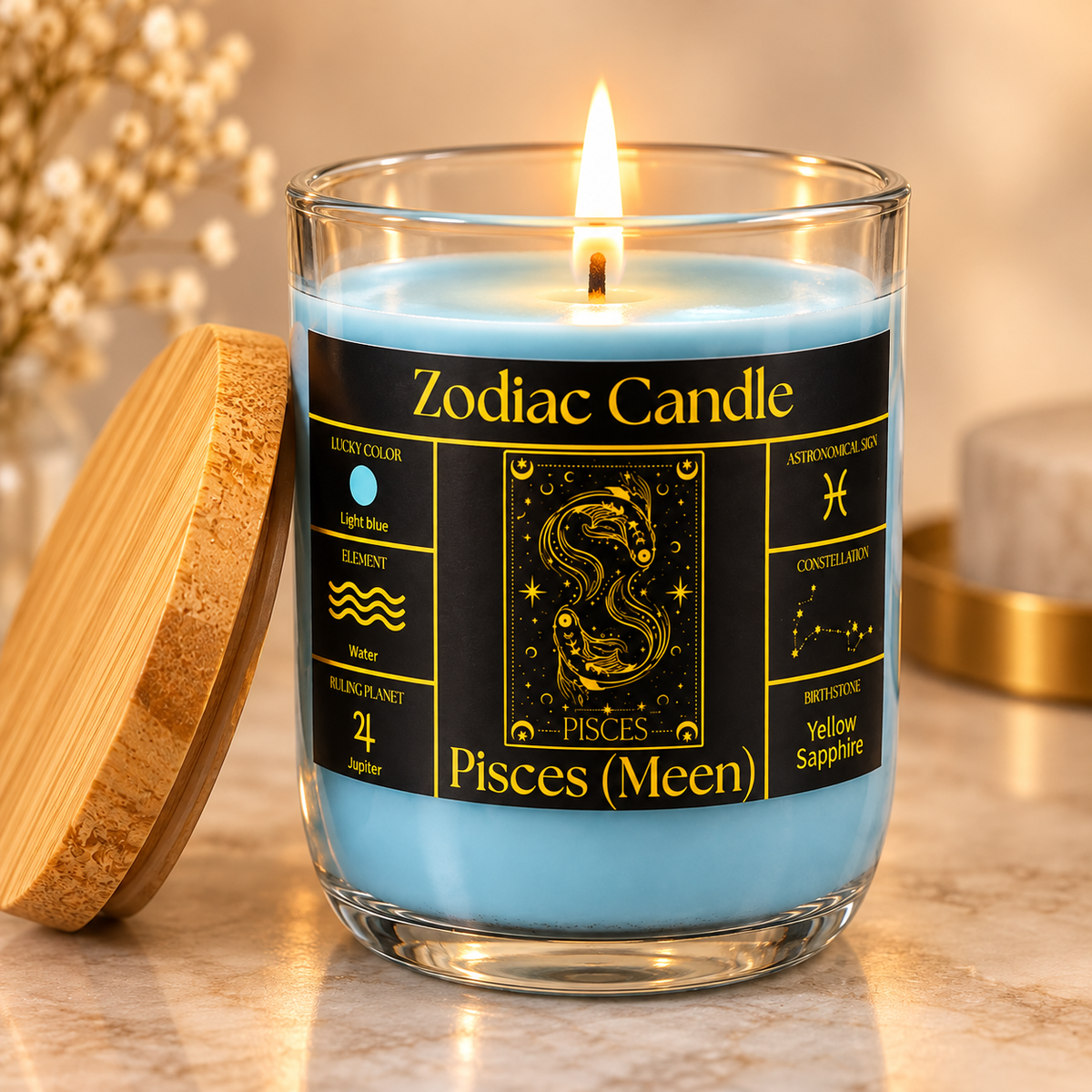 Pisces Zodiac Candle (Meen Rashi) | Luxury Light Blue Scented Astrology Candle with Pisces-Inspired Fragrance in Glass Jar