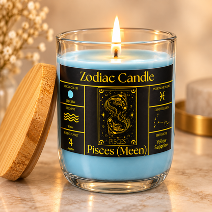 Pisces Zodiac Candle (Meen Rashi) | Luxury Light Blue Scented Astrology Candle with Pisces-Inspired Fragrance in Glass Jar