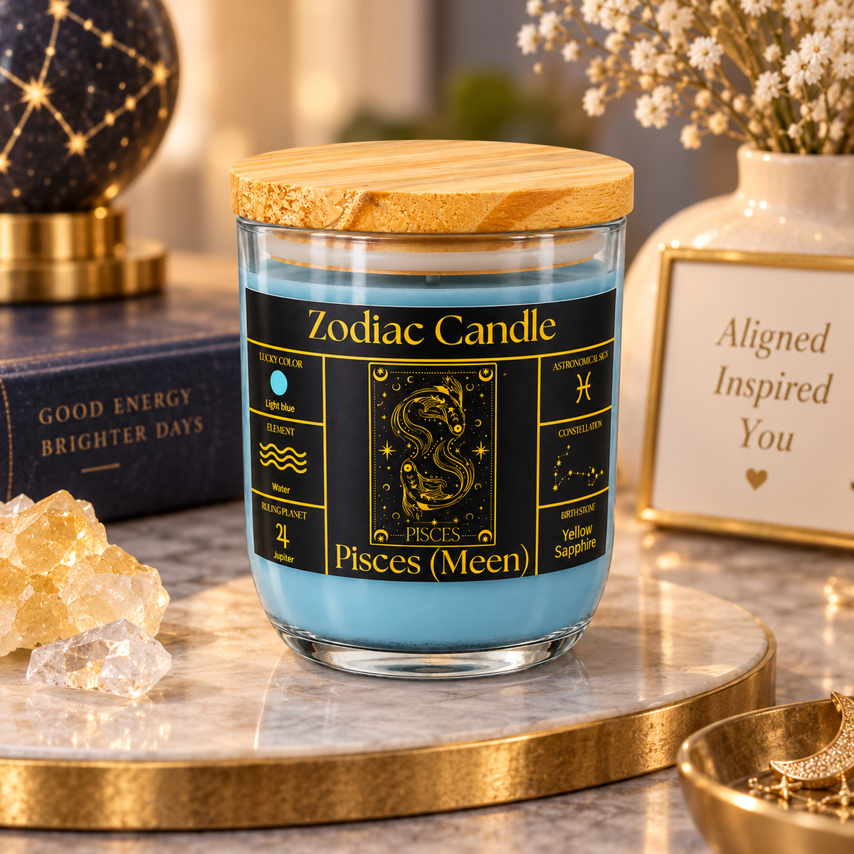 Pisces Zodiac Candle (Meen Rashi) | Luxury Light Blue Scented Astrology Candle with Pisces-Inspired Fragrance in Glass Jar