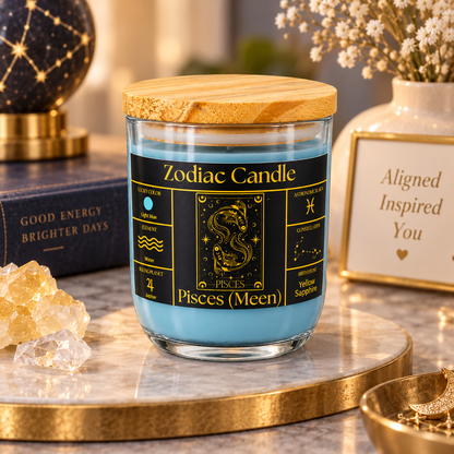 Pisces Zodiac Candle (Meen Rashi) | Luxury Light Blue Scented Astrology Candle with Pisces-Inspired Fragrance in Glass Jar