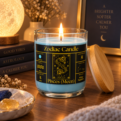 Pisces Zodiac Candle (Meen Rashi) | Luxury Light Blue Scented Astrology Candle with Pisces-Inspired Fragrance in Glass Jar