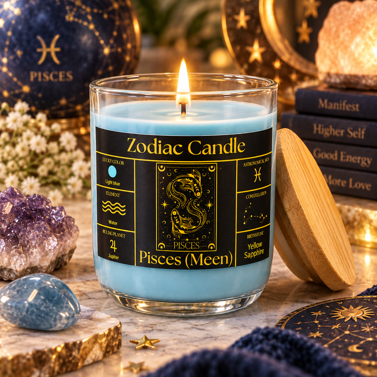 Pisces Zodiac Candle (Meen Rashi) | Luxury Light Blue Scented Astrology Candle with Pisces-Inspired Fragrance in Glass Jar