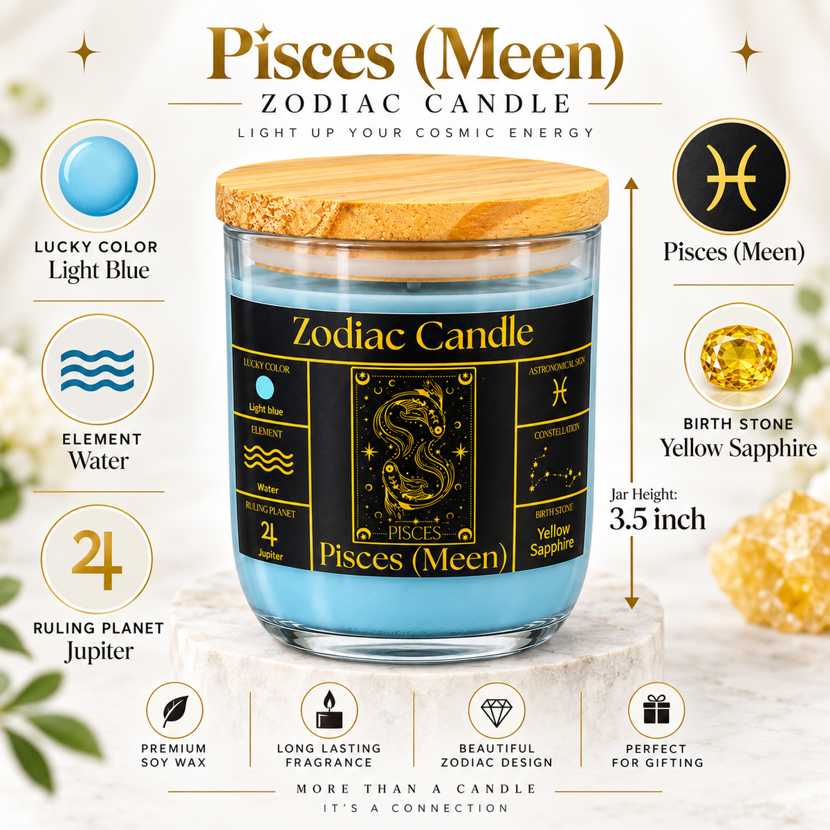 Pisces Zodiac Candle (Meen Rashi) | Luxury Light Blue Scented Astrology Candle with Pisces-Inspired Fragrance in Glass Jar