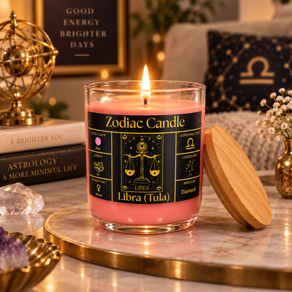 Libra Zodiac Candle (Tula Rashi) | Luxury Pink Scented Astrology Candle with Libra-Inspired Fragrance in Glass Jar