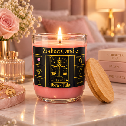 Libra Zodiac Candle (Tula Rashi) | Luxury Pink Scented Astrology Candle with Libra-Inspired Fragrance in Glass Jar