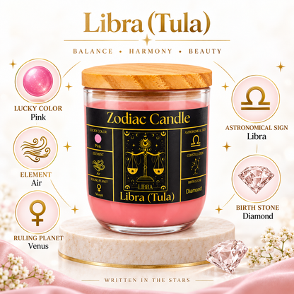 Libra Zodiac Candle (Tula Rashi) | Luxury Pink Scented Astrology Candle with Libra-Inspired Fragrance in Glass Jar