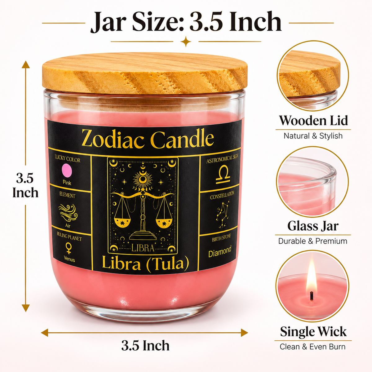 Libra Zodiac Candle (Tula Rashi) | Luxury Pink Scented Astrology Candle with Libra-Inspired Fragrance in Glass Jar