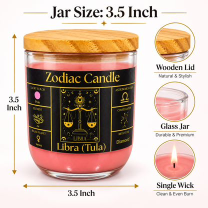 Libra Zodiac Candle (Tula Rashi) | Luxury Pink Scented Astrology Candle with Libra-Inspired Fragrance in Glass Jar
