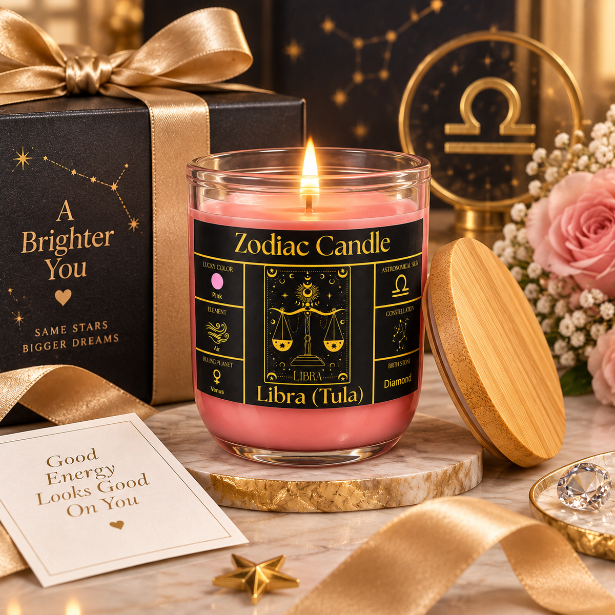 Libra Zodiac Candle (Tula Rashi) | Luxury Pink Scented Astrology Candle with Libra-Inspired Fragrance in Glass Jar