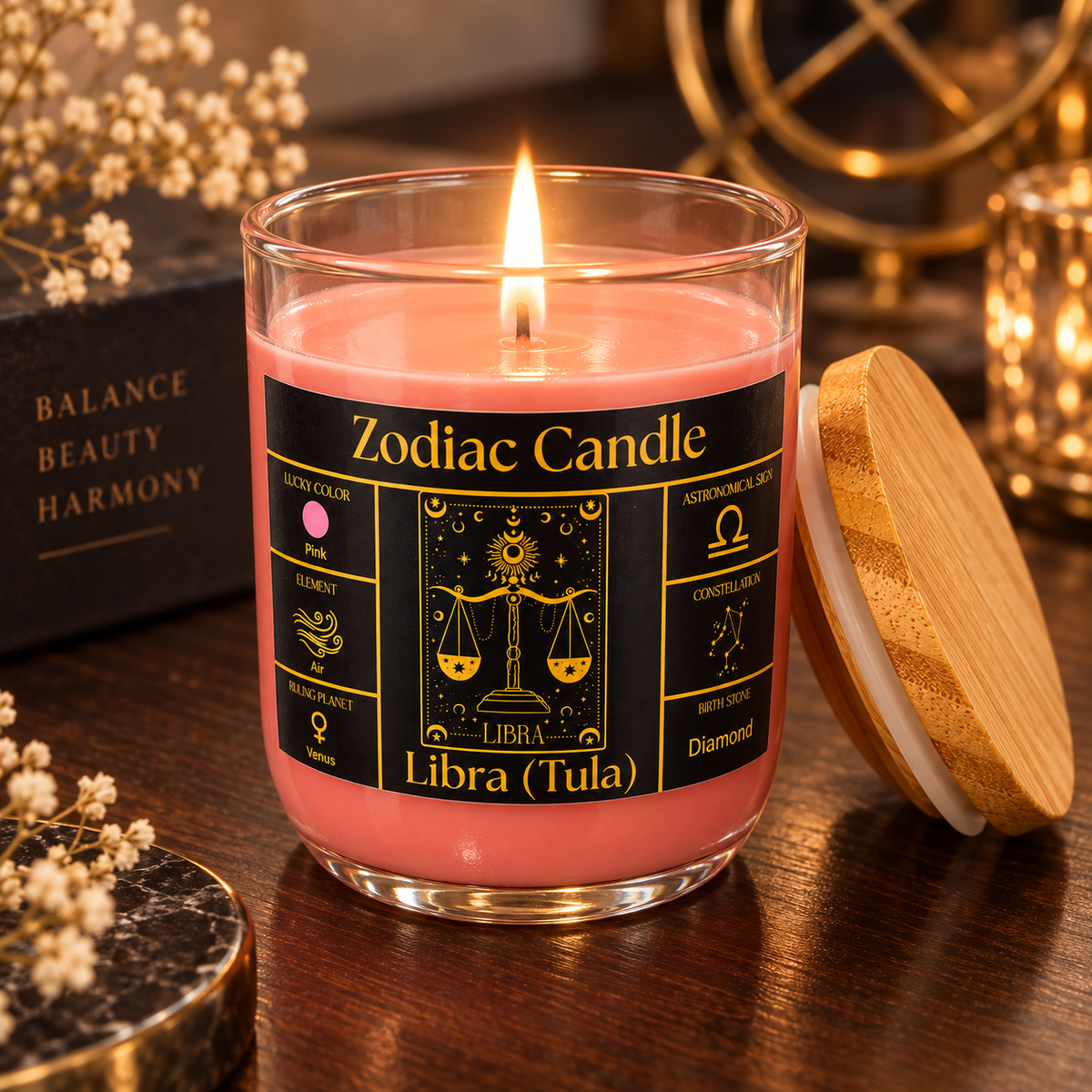 Libra Zodiac Candle (Tula Rashi) | Luxury Pink Scented Astrology Candle with Libra-Inspired Fragrance in Glass Jar