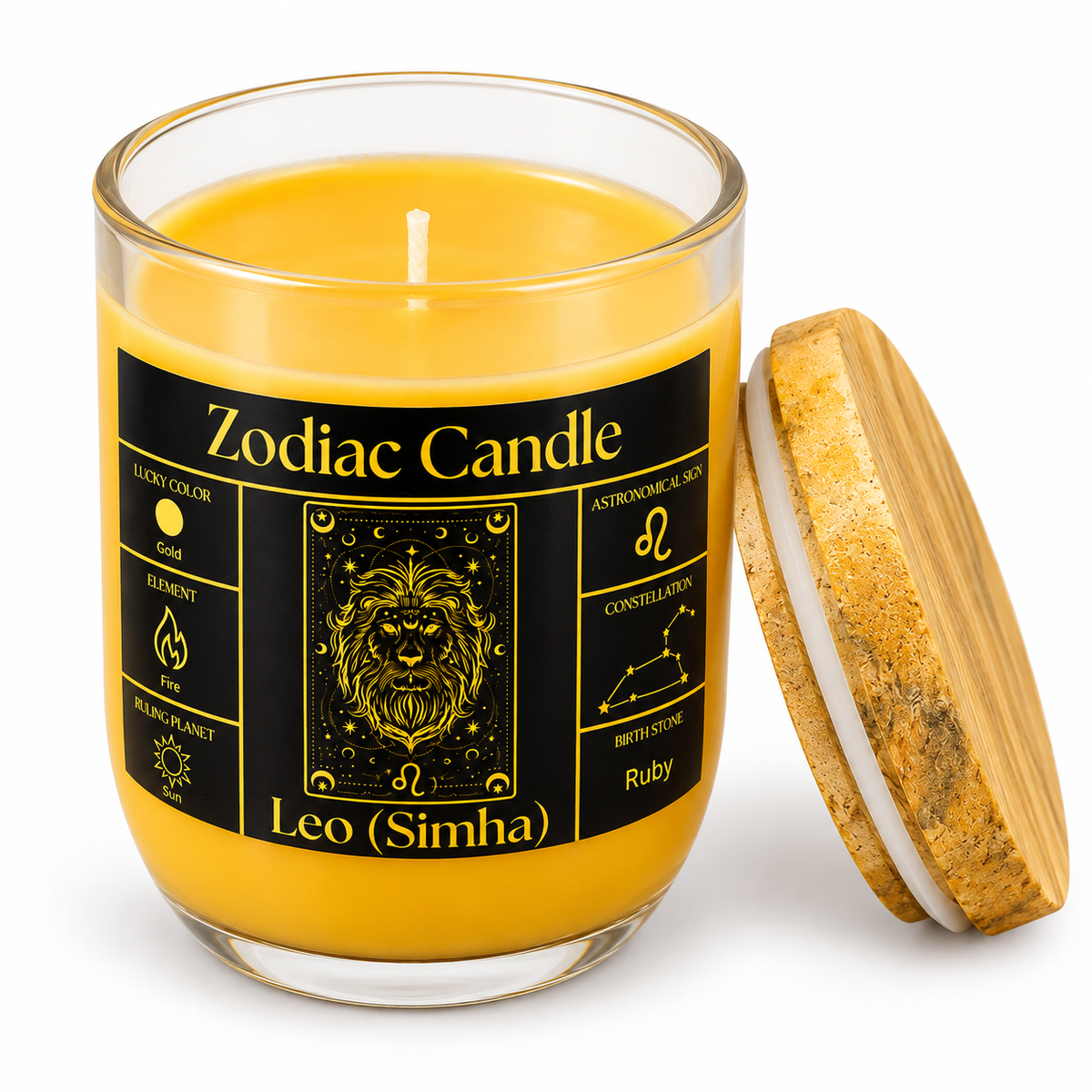 Leo Zodiac Candle (Simha Rashi) | Luxury Gold Scented Astrology Candle with Leo-Inspired Fragrance in Glass Jar