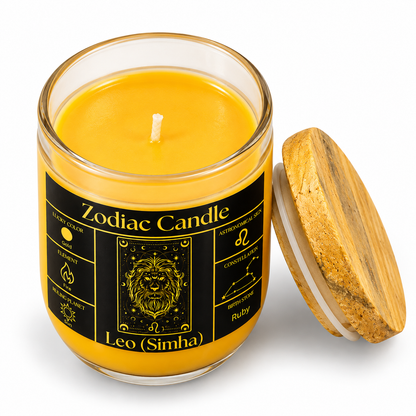 Leo Zodiac Candle (Simha Rashi) | Luxury Gold Scented Astrology Candle with Leo-Inspired Fragrance in Glass Jar