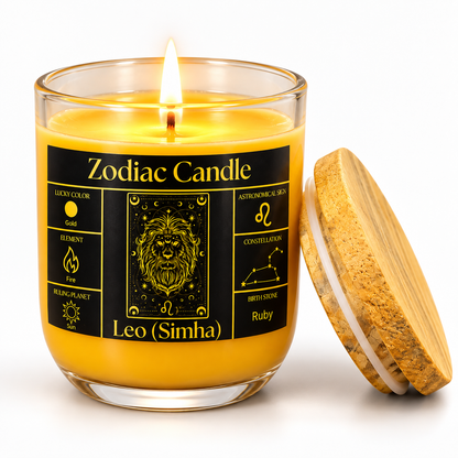 Leo Zodiac Candle (Simha Rashi) | Luxury Gold Scented Astrology Candle with Leo-Inspired Fragrance in Glass Jar