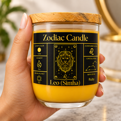 Leo Zodiac Candle (Simha Rashi) | Luxury Gold Scented Astrology Candle with Leo-Inspired Fragrance in Glass Jar