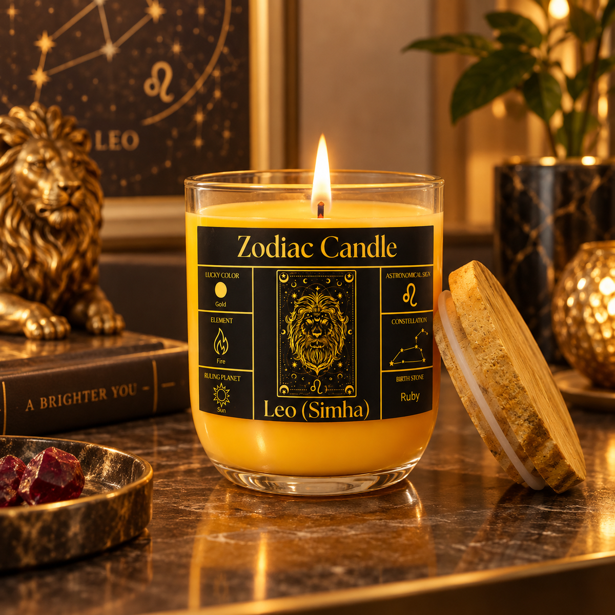 Leo Zodiac Candle (Simha Rashi) | Luxury Gold Scented Astrology Candle with Leo-Inspired Fragrance in Glass Jar